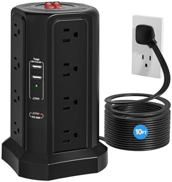 Revolutionize Your Charging Experience: 10 FT Surge Protector Power Strip Tower with 16 Outlets & 4 USB Ports – Efficient Desk Charging Station for Home, Office, or Dorm Room – Ultimate Space-Saving Solution with Robust 1625 W Power Output and Enhanced Safety Features