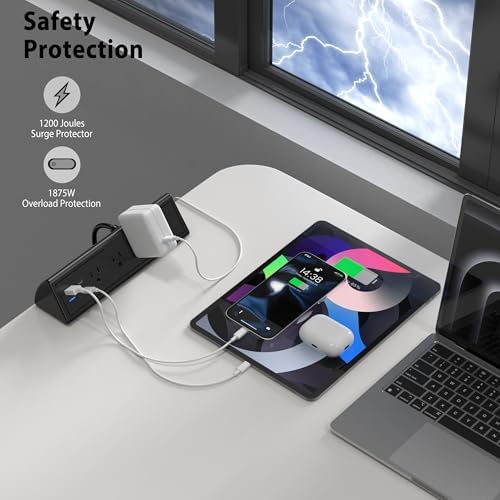 Ultimate Desk Clamp Power Strip with USB C – 4 AC Outlets & 4 Fast Charging USB Ports – 14 AWG Cord for Optimal Power – Secure Edge Mount Design Fits 1.96″ Tablets – Sleek Black Finish – Ideal Office & Nightstand Solution for Enhanced Productivity