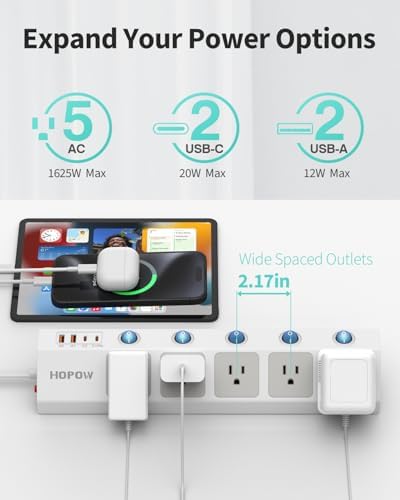 Ultra-Thin 10 Ft Flat Plug Power Strip with Individual Switches – 5-Outlet Surge Protector featuring 2 USB-C (20 W PD) & 2 USB-A Ports, 1700 Joules Surge Protection, Wall-Mount Design for Home and Office – Optimize Your Power Management with Enhanced Speed and Safety