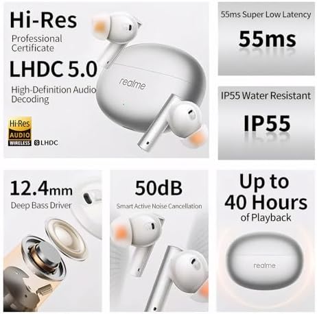 realme Air 6 True Wireless Earbuds – Ultimate 50 d B Active Noise Cancellation for Uninterrupted Immersion, Hi-Res Audio with LHDC for Pristine Sound Clarity, Powerful 12.4 mm Bass Drivers Delivering Rich Audio Experience, Cutting-Edge 6-Microphone System Ensuring Crystal-Clear Calls, Impressive 40-Hour Battery Life for All-Day Listening, Advanced Bluetooth 5.3 for Seamless Connectivity, IP55 Rated Sweat & Water Resistant Design for Active Users – Ideal Choice for Athletes and Professionals Pursuing Top-Tier Audio Quality – Transform Your Audio Experience Today