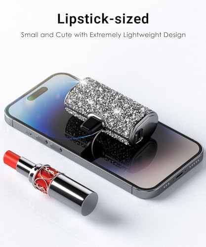 Chic Gray Bling Portable Power Bank – 6800 m Ah Fast Charger with Type-C Connector and Built-in Flashlight for i Phone 15 & Android Devices – Ultra-Compact Design for Stylish On-the-Go Charging and Emergency Preparedness