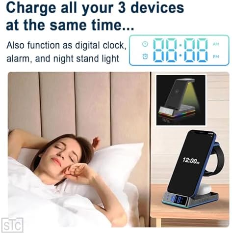 Revolutionary STC 5-in-1 Wireless Charging Station with Integrated Clock, Alarm, and Soothing Night Light – 15 W Qi Fast Charging for i Phone, Air Pods, and Apple Watch – Ultimate Space-Saving Solution for Modern Tech Enthusiasts