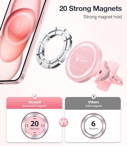 VICSEED Mag Safe Car Mount – Ultimate Magnetic Phone Holder for i Phone 16 Pro Max, 15, 14, 13, 12 Plus & Mini | 360-Degree Adjustable Vent Clip for Enhanced Safety & Convenience | Powerful Magnet for Unmatched Stability & Effortless Hands-Free Navigation | Sleek Design for Modern Vehicles
