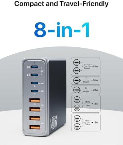 High-Power 8-Port USB Charging Station – 140 W Fast Charge Hub for i Phone, Mac Book, Galaxy & i Pad – Universal USB-C and USB-A Compatibility – Compact Travel Charger for Home & Office Efficiency