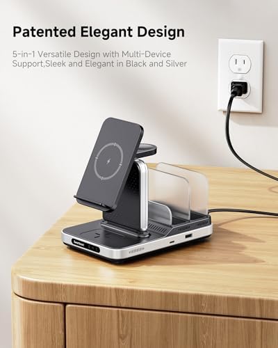 Swan Scout 901 S 5-in-1 Wireless Charging Station for Samsung & More – Ultra-Fast 60 W Multi-Device Charger for Galaxy S25/S24/S23/S22, Galaxy Watch Ultra/7/6/5/4, Galaxy Tab Series, and Wireless Earbuds – Elegant Design with Secure Anti-Slip Placement and Independent 20 W USB-C/A Outputs for Home or Office Use