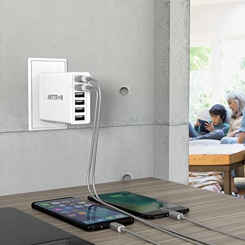 Arttron 40 W 6-Port Foldable USB Wall Charger – Ultimate Fast Charging Adapter for i Phones, i Pads, Tablets & Smartphones – Compact, Multi-Device Power Solution with Safety Features for Home and Office Efficiency