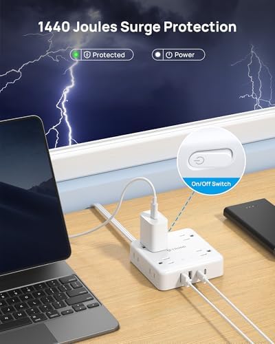 TROND 360° Rotating Plug Power Strip with 5 FT Flat Cord – 4 AC Outlets & 4 USB Ports (2 USB-C) – Wall Mount Surge Protector with 1440 Joules Safety Rating – Ultimate Travel & Home Charging Solution for Electronics and Devices