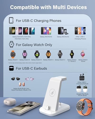 48 W Ultra-Fast 3-in-1 Charging Station for Samsung Devices – Efficiently Charge Galaxy S24/S23/S22/S21, Note20, Z Flip 5, Galaxy Watch Ultra/7/6/5/4/3, Buds2/Pro with High-Speed USB C Dock – Optimal Design for Home and Travel