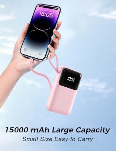 15000 m Ah Ultra-Slim Portable Charger with Integrated Cable – 22.5 W Fast Charge Power Bank for Multiple Devices, Ideal Travel Battery Pack with LED Indicator – Compatible with i Phone 16/15/14/13, Samsung, and More