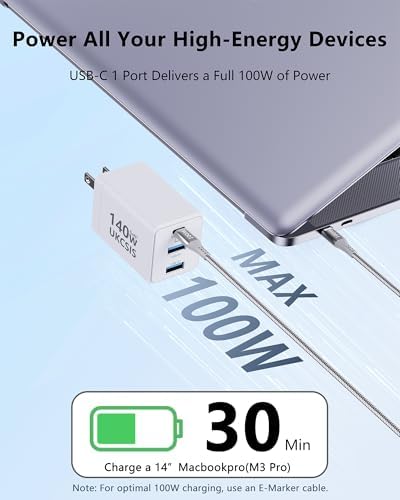 Ultra-Compact 140 W Ga N USB-C Fast Charger – Triple-Port Power Hub for Rapid Charging of Mac Book Pro, i Pad Pro, Galaxy, and i Phone – Foldable Travel Design with 4 ft Cable for Effortless Portability and Efficient Power Solutions