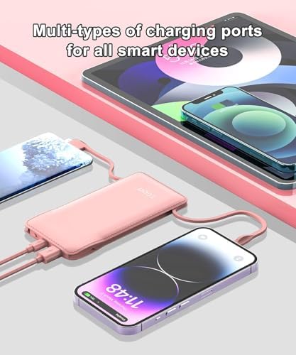 Ultra-Slim 10,000 m Ah TG90° Portable Power Bank with Built-in Lightning and USB-C Cables – Fast Charging, Lightweight Battery Backup for i Phone and Android Devices – Essential On-the-Go Charger for Busy Lifestyles