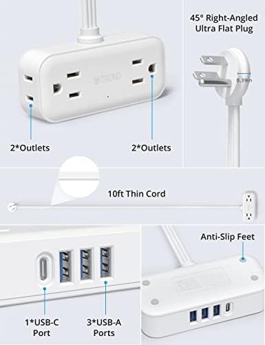 Compact TROND Travel Power Strip with USB Charging Ports – 5 ft Flat Plug Extension Cord for Seamless Device Connectivity in Dorm Rooms and Offices – Essential Travel Adapter for Multiple Outlets and Enhanced Compatibility