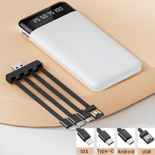 LUITON Ultra-Slim 10000 m Ah Portable Charger with Built-In USB-C Cable – Fast Charging Power Bank for Seamless Device Connectivity (White) – Perfect for Travel and Daily Use