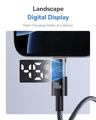 Baseus 100 W USB-C Fast Charging Cable with LED Indicator – 5 A Power Delivery for i Phone 16, Mac Book, i Pad Pro & Galaxy S24 – Durable Nylon Braided 6.6 ft Length for Effortless Charging and Enhanced Durability