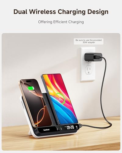 Swan Scout 504 Dual Wireless Charging Stand – Foldable Fast Charging Station for i Phone 16/15/14, Samsung Galaxy S25/S24/S23, Google Pixel 9/8/7, and Android Devices – Perfect for Air Pods & Galaxy Buds – Portable Design with Enhanced Safety Features for Seamless Power Management