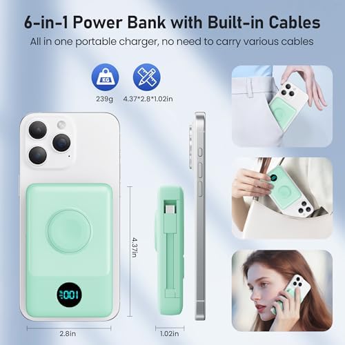 Revolutionary Magnetic Portable Charger for i Phone – 6-in-1 Power Bank with 10,800 m Ah Capacity, Built-in Cables, Apple Watch Charger, and LCD Display – 25 W PD Fast Charging for i Phone 16/15/14/13/12 and Mag Safe Compatibility – Ultimate On-the-Go Charging Solution