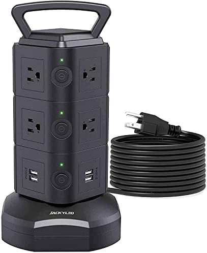 JACKYLED Power Strip Tower Surge Protector with 12 Outlets and 6 USB Ports (2 USB-C) – High-Speed Charging Station with 1050 Joules Protection, 1625 Watts, 6.5 ft Extension Cord for Enhanced Home Office Efficiency and Device Safety