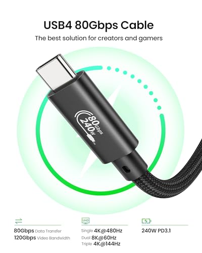 Fitee Thunderbolt 5 USB4 Cable – 4 FT High-Speed 80 Gbps Data Transfer & 240 W PD3.1 Charging, 16 K Dual 8 K Video Support – Durable Braided USB C Cable for i Phone 16, Mac Book Pro, PSSD & More – Ultimate Performance & Compatibility