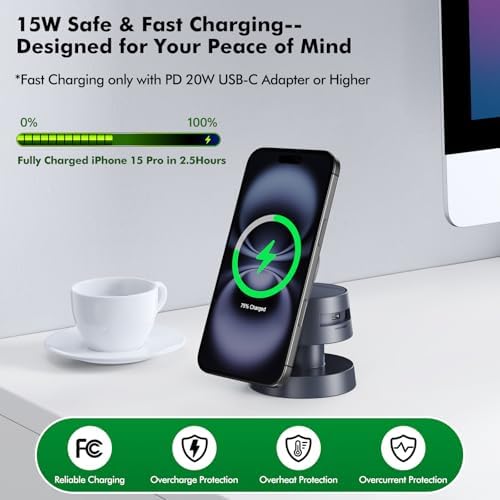 Ultimate 3-in-1 Wireless Charging Hub with Integrated Night Light – Fast 15 W Charger for i Phone 16/15/14 & Air Pods, 2.5 W Apple Watch Ultra Compatible with Foldable Magnetic Stand for Optimal Viewing – Perfect for Home or Office Use