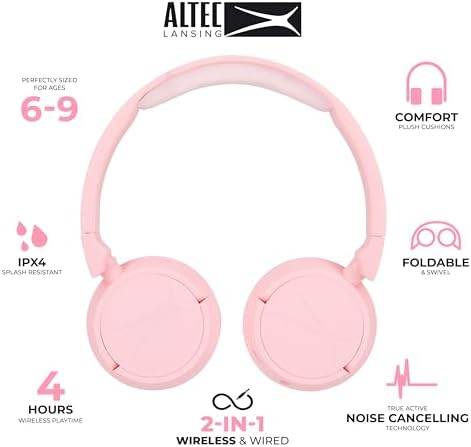 Stylish Pink Kid-Safe 2-in-1 Bluetooth & Wired Headphones – Noise-Cancelling, Volume Control for Young Audiophiles – Portable & Foldable Design for Safe Listening On-the-Go – Ultimate Protection for Children’s Ears – Perfect for Travel and Everyday Use