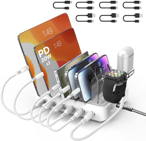 75 W 6-Port USB-C Fast Charging Station with 7 Cables – Multi-Device Dock for i Phone, Samsung, i Pad & More – Ultimate Charging Solution for Home & Office Efficiency