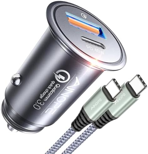 AINOPE 67.5 W Dual Port Car Charger – Ultra-Fast USB C Adapter with QC3.0 Technology for i Phone 16 Pro Max and Samsung Galaxy S25 – Stylish All-Metal Design for Seamless Integration – Efficient Charging Solution for On-the-Go Users – Compact Cigarette Lighter Charger for Maximum Device Compatibility