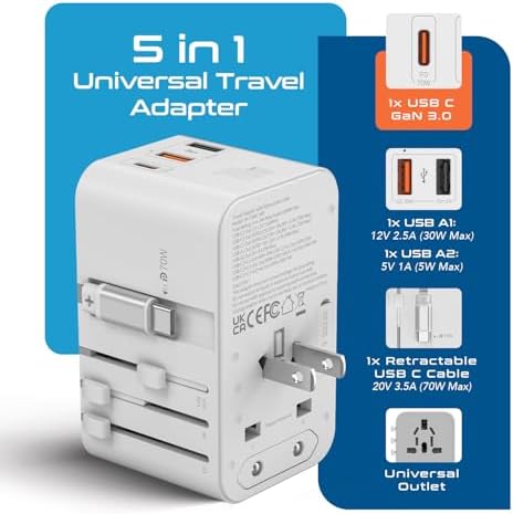 Universal Travel Power Adapter with 45 W PD Retractable USB-C Cable – Ultimate Multi-Device Charger for Global Use – Compatible with Laptops, Smartphones & Cameras – Essential Travel Accessory for US, EU & UK Adventures – Compact Design for Hassle-Free Charging