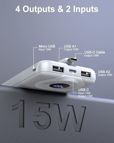 High-Capacity 10000 m Ah USB-C Power Bank with 22.5 W Fast Charging – Travel-Ready Portable Charger Featuring Built-in Cables, Triple Output Ports & HD LED Display for Efficient Device Charging on the Go