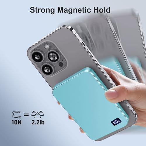 Ultra-Slim Magnetic 5000 m Ah Portable Charger – 15 W Fast Wireless Charging Power Bank for i Phone 15/14/13/12 Pro/Pro Max/Plus & USB-C Compatibility – LED Battery Monitor for Effortless On-the-Go Power