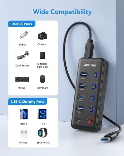 Maximize Your Connectivity with the Wenter 5-Port USB 3.0 Hub – Fast Data Transfer and Type-C Charging Hub for Mac & PC, Featuring Individual LED Switches for Power Management and Enhanced Performance