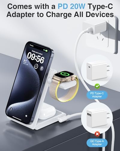 Revolutionary 3-in-1 Foldable Magnetic Wireless Charging Station with PD 20 W USB-C Adapter – Ultimate Compatibility for i Phone 16/15/14/13/12 Series, Apple Watch, and Air Pods in Sleek Black Finish, Perfect for Home and Travel Efficiency