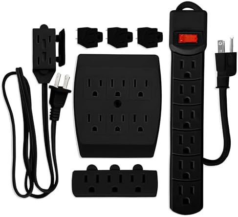 Comprehensive 7-Piece Multi-Outlet Power Management Kit – Versatile 6 Outlet Power Strip, Dual Outlet Extenders, 5 Ft Indoor Extension Cord & 3 Prong Adapters for Enhanced Compatibility – Essential Home & Office Surge Protection Solution in Sleek White Design