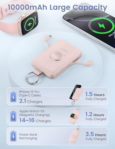Experience Uninterrupted Power with RORRY 10000 m Ah Portable Charger: PD 20 W Fast Charge Power Bank with Integrated Cables for i Phone 16/15/14/13/12/11 & Apple Watch Ultra/10/9/8/7/6/5/4/3 – Sleek Pink Design for Travelers and Professionals – Hassle-Free Charging on the Go
