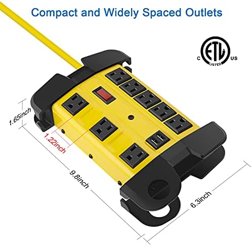 Industrial Heavy Duty Power Strip with 8 Outlets & USB Ports – 2700 Joules Surge Protector for Workshop & Garage – 15 Amp Metal Power Strip with 6 FT Extension Cord for Enhanced Device Compatibility & Fast Charging