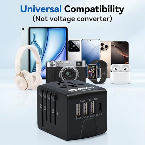 Unidapt Universal Travel Adapter: High-Speed 2.4 A 4-Port USB Charger for Global Use – Compact International Plug Adapter for Europe, USA, UK, Australia – Stylish Blue Design with Safety Features for Hassle-Free Charging on the Go