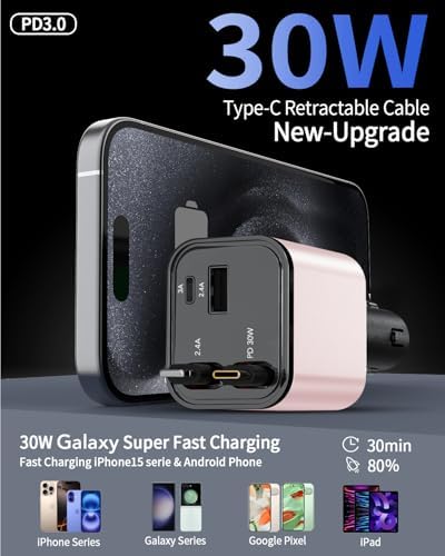 Ultimate 3-in-1 Retractable Car Charger – 50 W Fast Charging Solution with Type C Cable & USB Port for i Phone 16/15/14/13/12/11, Galaxy & Pixel Devices – Tangle-Free Convenience for On-the-Go Power Management