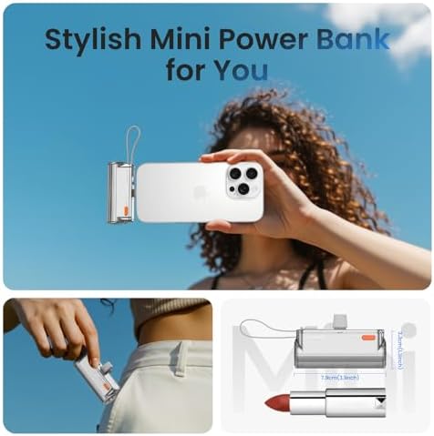 Ultra-Compact 5000 m Ah Flow Mini Power Bank – Versatile Portable Charger with Changeable Plugs, Built-in Cable & Dual USB-C Outputs for Seamless Compatibility with i Phone 16/15/14/13, i Pad, Galaxy S24/23 Ultra – Ideal for On-the-Go Charging