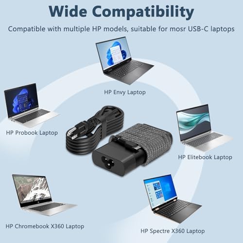 Compact 65 W USB-C Laptop Charger for HP Spectre, Envy, Chromebook & Elite Series – High-Speed AC Adapter with Advanced Safety Mechanisms – Perfect Travel Companion for Reliable Power and Efficiency