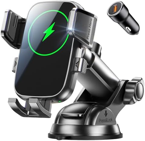 Fast Charge Wireless Car Phone Mount – 15 W High-Speed Charger with Enhanced Suction for Dashboard & Windshield – Perfect for i Phone 16/15/14 Pro Max & Galaxy S25/S24 Ultra – Ultimate Driving Convenience & Adjustable Viewing Angle