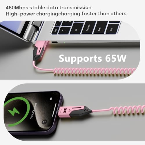 Versatile 4-in-1 Coiled USB C Cable – 4 ft – 65 W Fast Charging Solution for Phones, Laptops, and More – Durable Liquid Silicone Design in Pink – Tangle-Free Convenience, 2-Pack for Enhanced Compatibility and Speed