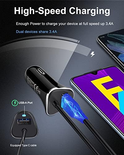 Premium Dual USB Type C Car Charger Set – 3.4 A Fast Charging Solution with 3 ft Cables for i Phone 16, Samsung Galaxy S24 Ultra, and Google Pixel 9 Pro – Unmatched Convenience for Rapid Device Powering on Road Trips and Daily Commutes