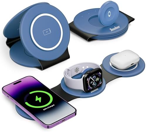 Hicober 3-in-1 Magnetic Wireless Charging Station for i Phone 15, Apple Watch, and Air Pods – Ultra-Fast 18 W Portable Travel Charger with Foldable Design for i Phone 16, 14, 13, 12 Pro/Max/Plus – Optimal Compatibility and Sleek Aesthetics for Effortless Charging Experience