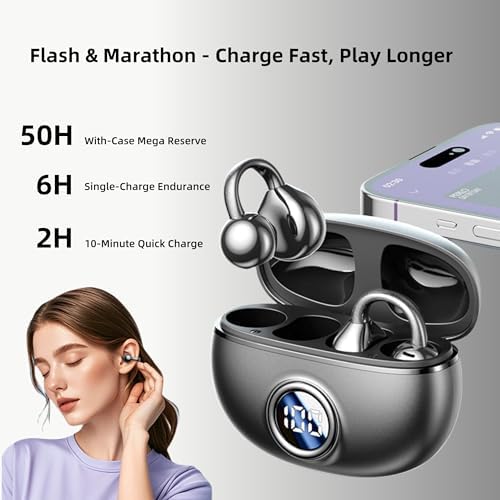 M97 Featherlight Open Ear Bluetooth 5.3 Clip-On Earbuds – Superior Waterproof Headphones with 50-Hour Battery, Immersive Deep Bass, and Quick Charge – Perfect for Running, Gym, and Active Lifestyles in Trendy Purple