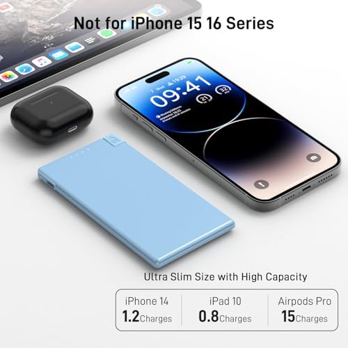 Auskang Slim Power Bank – 5000 m Ah USB-C Portable Charger with Built-in Cable, Airplane Safe Thin Battery Pack for i Phone 16, 15, Samsung, Google Pixel & Android Devices – Ultimate Travel Power Solution for Fast Charging and Enhanced Compatibility