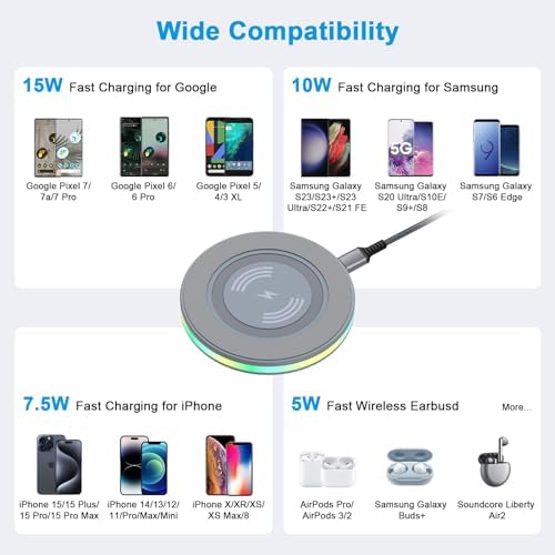 High-Speed 15 W Samsung Wireless Charging Pad for Galaxy S25 Ultra, S24 Ultra, S23 FE, S22, S21, S20 FE, Plus i Phone 16, 15, 14 Pro Max & Google Pixel 9 Pro XL – Ultimate Fast Charging Station with Enhanced Device Compatibility and Safety Features