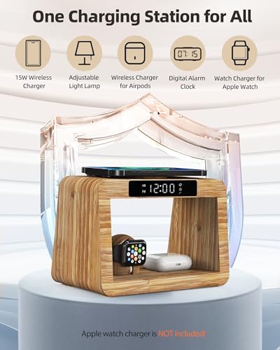 Eco-Friendly 3-in-1 Bamboo Wireless Charging Hub with Night Light – Fast Mag-Safe Charger for i Phone 16/15/14/13/12 Pro Max/X/Xs Max/8, Compatible with Air Pods Pro & Apple Watch – Stylish Solution for Tangle-Free Charging and Enhanced Nighttime Convenience