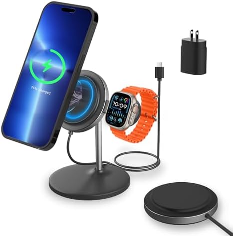 Mag Safe 2-in-1 Wireless Charging Station for i Phone and Apple Watch – Portable 15 W Fast Charger with Detachable Design, Foldable Travel Pad for i Phone 12-16 Series – Sleek Black Finish for Enhanced Compatibility and Efficient Power Boosts