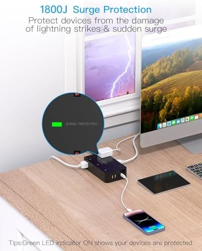 HANYCONY 12-Outlet Power Strip Surge Protector with 4 USB Ports (2 USB-C) – 6 ft Flat Extension Cord with 1800 J Surge Protection, Wall-Mountable Charging Station for Home, Office, and Dorm Room – Ultimate Device Connectivity and Fast Charging Solutions