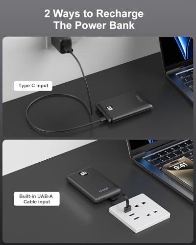 Compact ANOUV 10000 m Ah Portable Charger with Built-In Cable – Lightweight Mini Power Bank for Seamless On-the-Go Charging with LED Display, Compatible with i Phone 16/15/14/13, Samsung S22/S21, i Pad, and Android Devices – Essential Travel Power Bank for Fast, Efficient Charging