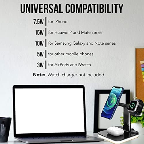 Elevate Your Charging Experience with the Lumi Charge 4-in-1 Qi Wireless Charging Station – Fast, Sleek Multi-Device Dock for Mag Safe, Apple Watch & Air Pods – Innovative Charging Hub Featuring Integrated LED Night Light, USB-C Cable, and Safety Features – Space-Saving Solution for Tech Lovers